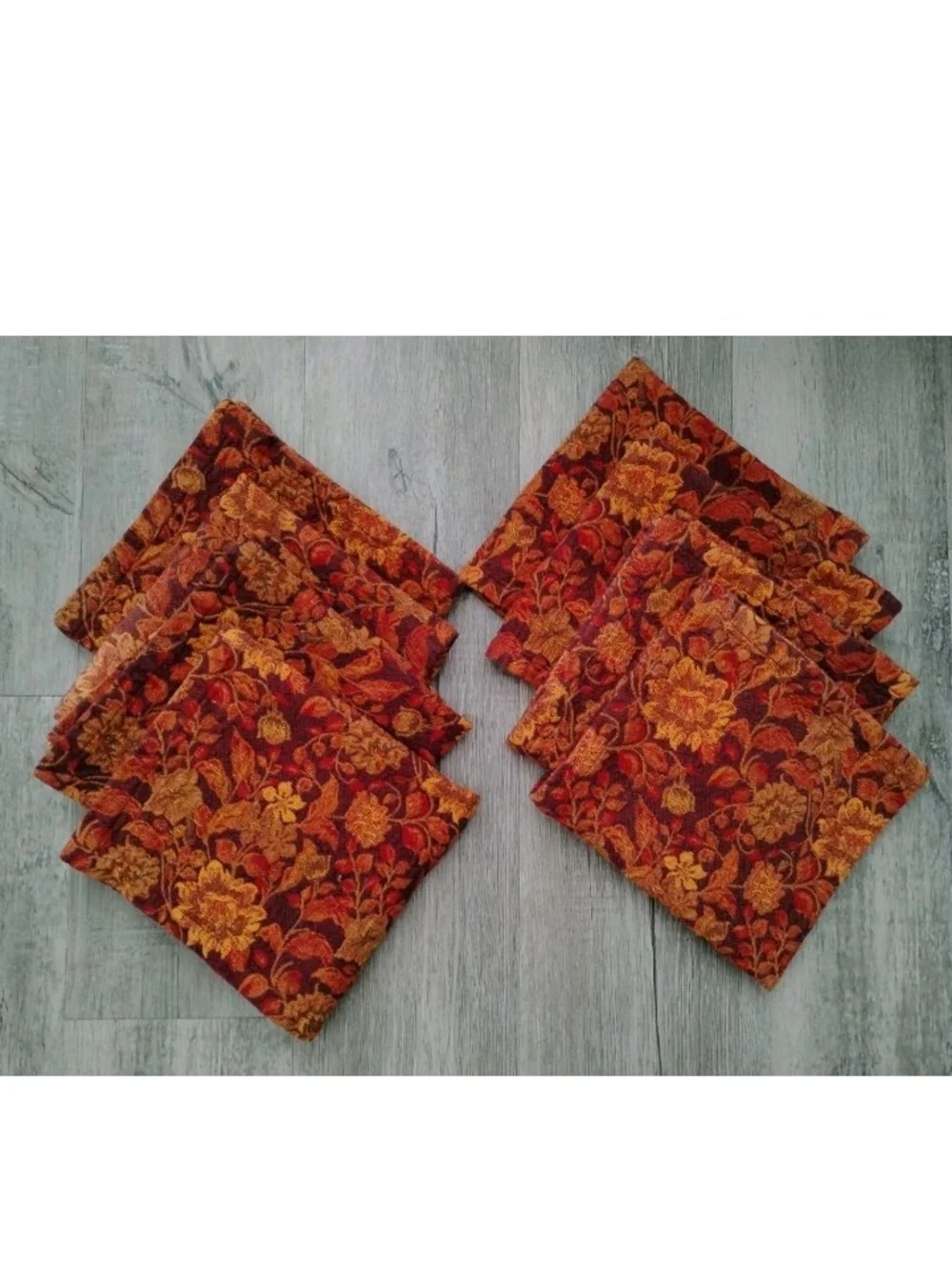 Crate & Barrel Cotton Tapestry Napkins 8pc Set Orange Red Floral Fall Holiday
